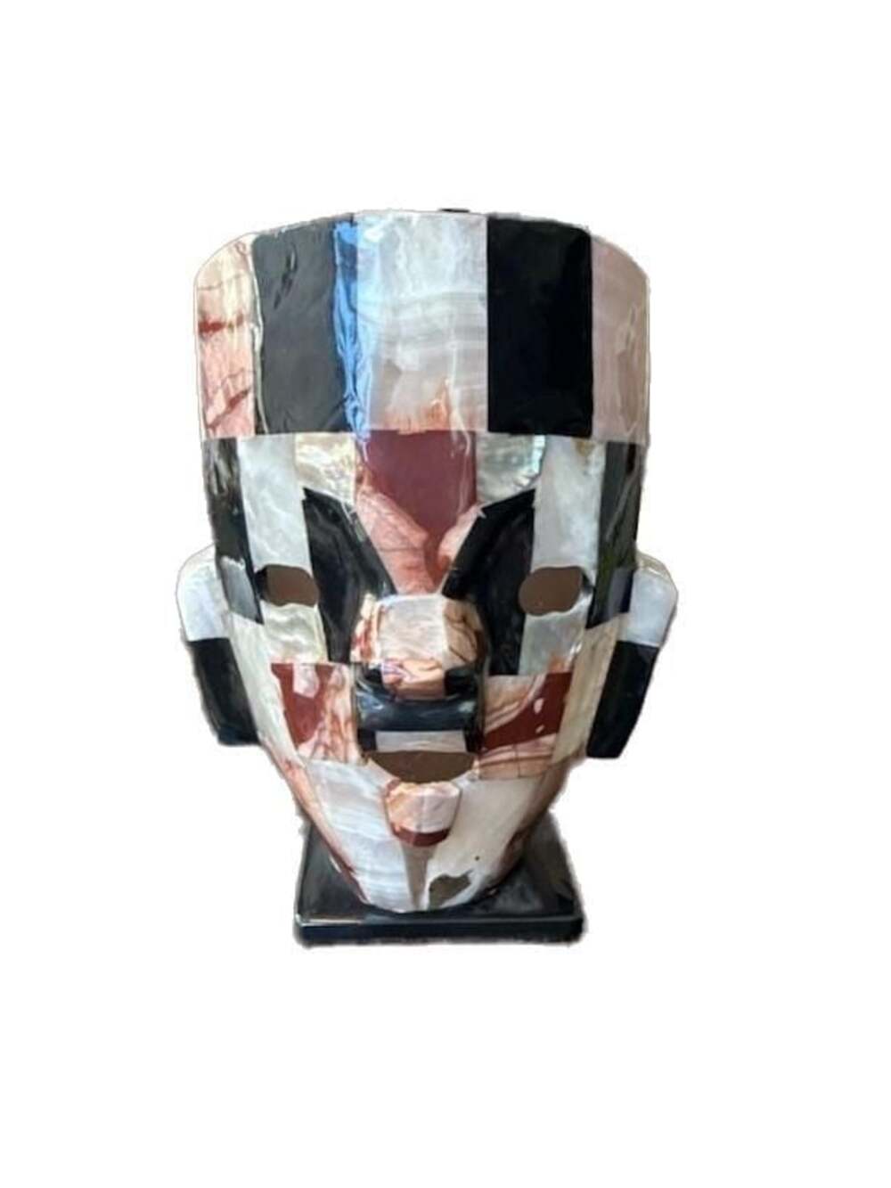 Vintage Mexican Mosaic Stone & Abalone Inlay Aztec Style Ceremonial Mask on Stan